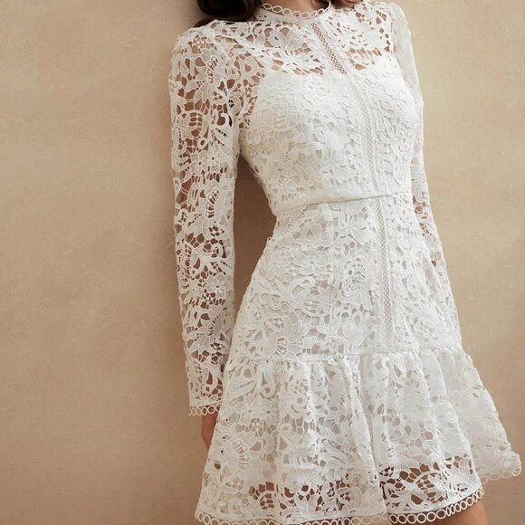 Dresses & Skirts - White Elegant Women's Pure Floral Lace Long Sleeve Dress